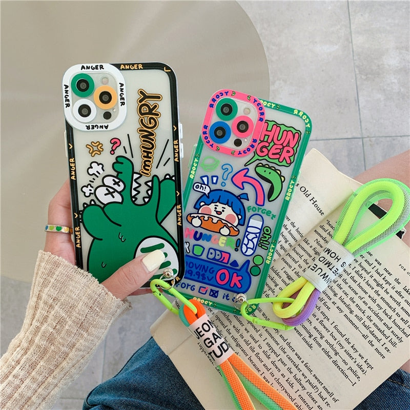 Cute Colorful Flowers Smile Graffiti label Tide Soft Case for iphone 14 13 Pro Max 12 11 XR XS 7 8 plus SE Cover With Hand Strap