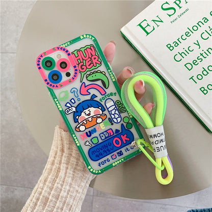 Cute Colorful Flowers Smile Graffiti label Tide Soft Case for iphone 14 13 Pro Max 12 11 XR XS 7 8 plus SE Cover With Hand Strap