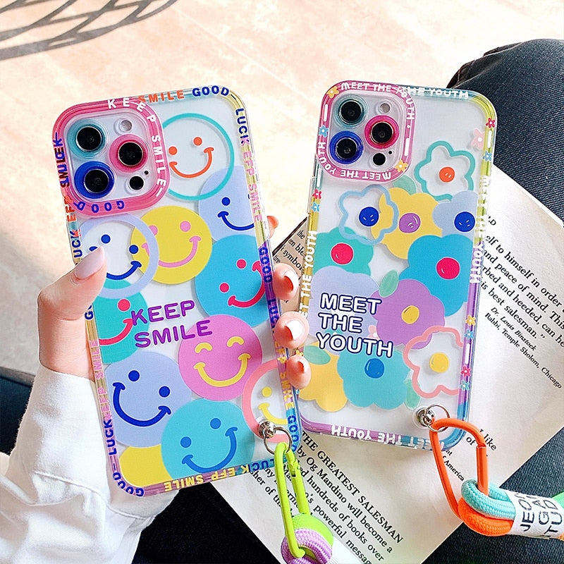 Cute Colorful Flowers Smile Graffiti label Tide Soft Case for iphone 14 13 Pro Max 12 11 XR XS 7 8 plus SE Cover With Hand Strap