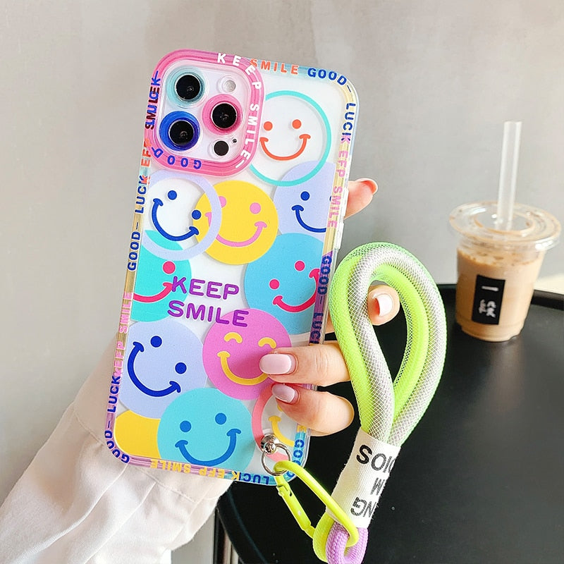 Cute Colorful Flowers Smile Graffiti label Tide Soft Case for iphone 14 13 Pro Max 12 11 XR XS 7 8 plus SE Cover With Hand Strap